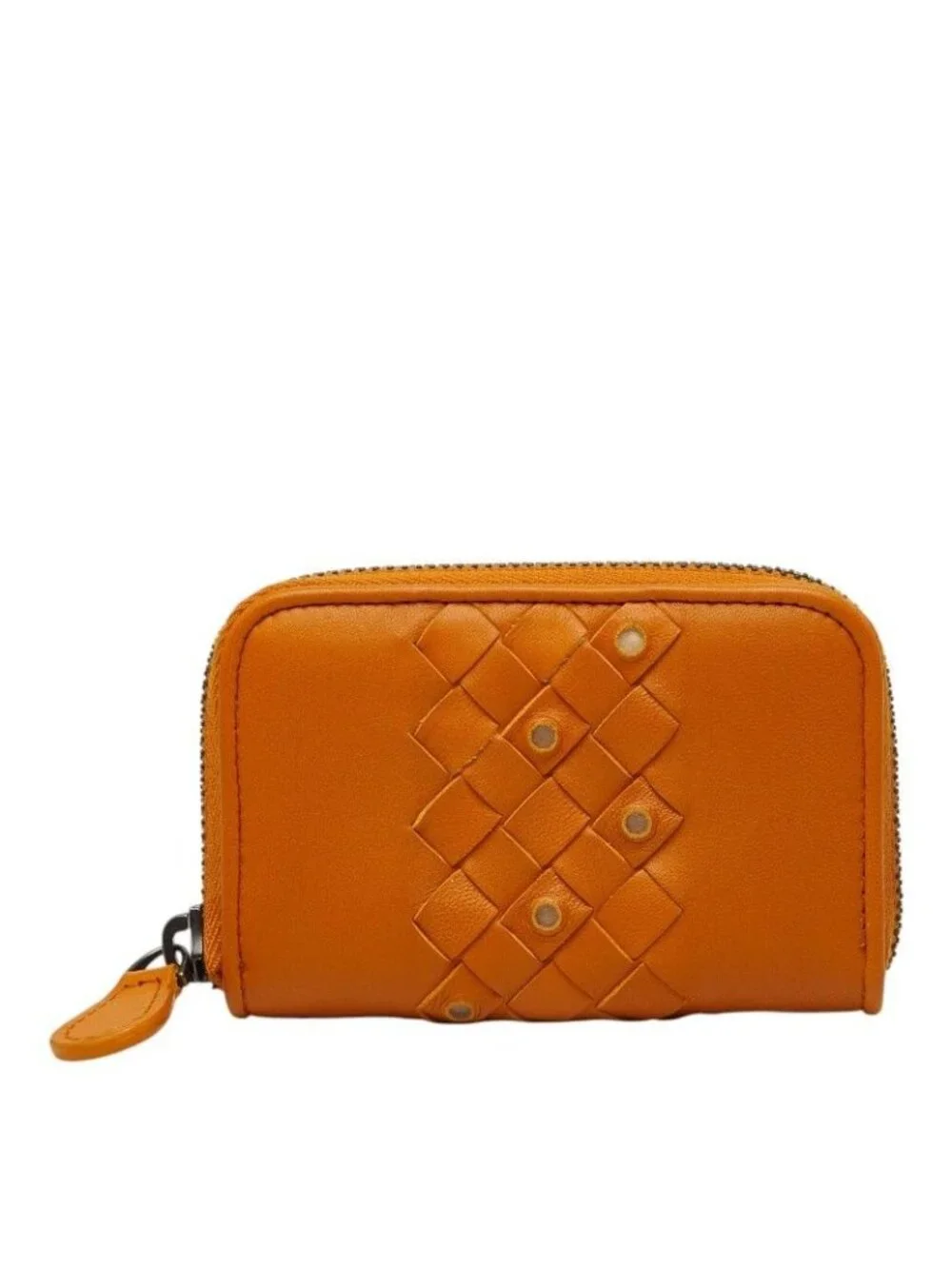 Bottega Veneta Intrecciato Zip Around Coin Purse Orange Brown Leather